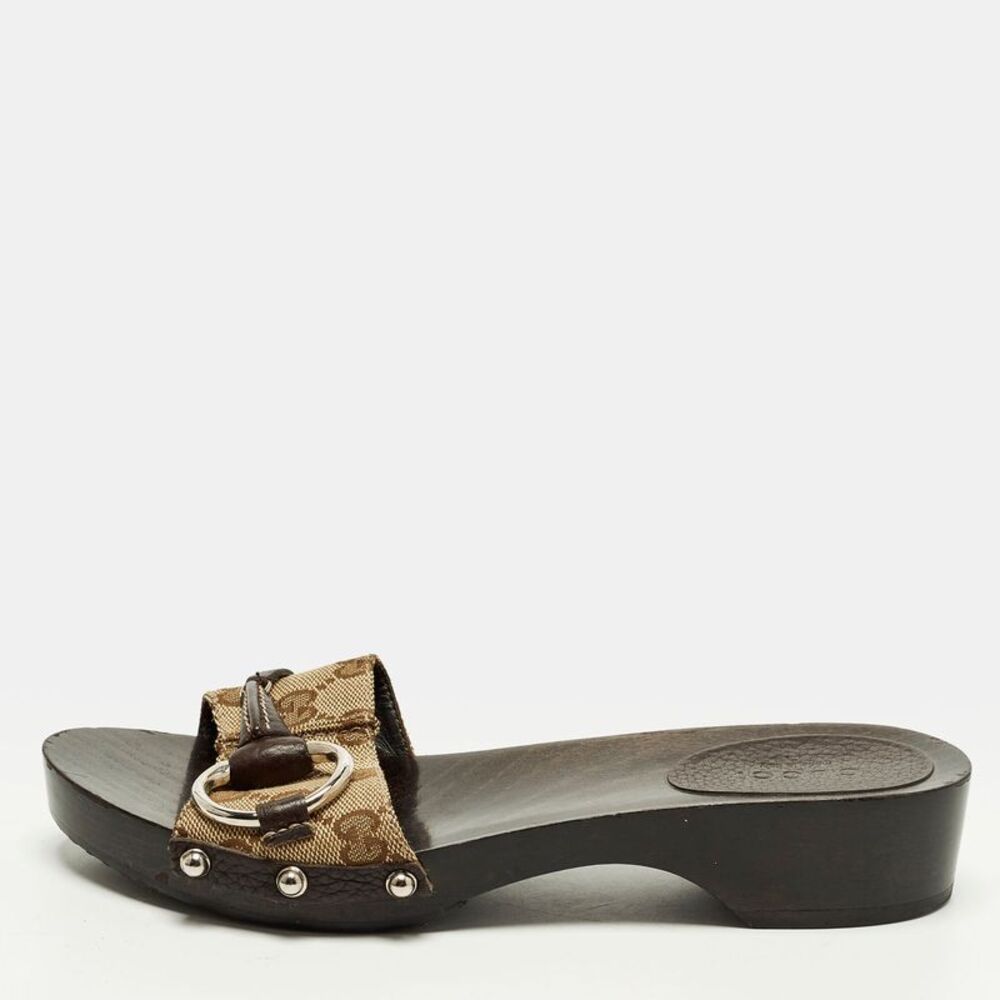 Gucci Icon Bit Size 36 Beige/brown Gg Canvas And Leather Clogs Slide